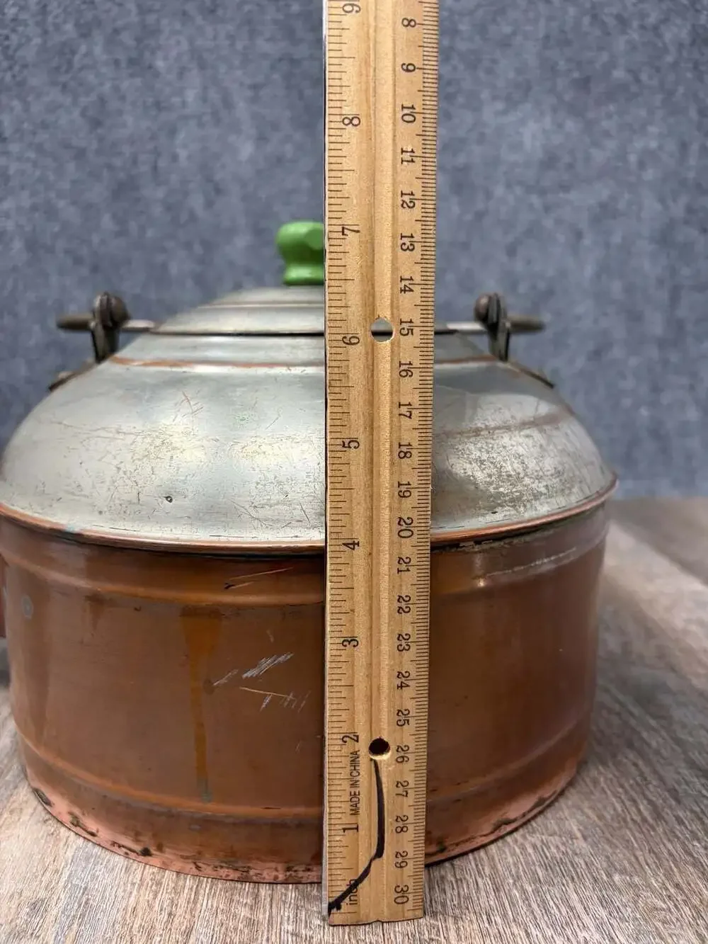 Antique Rome Copper and Nickel Plated Tea Kettle with Green Knob and Wood Handle